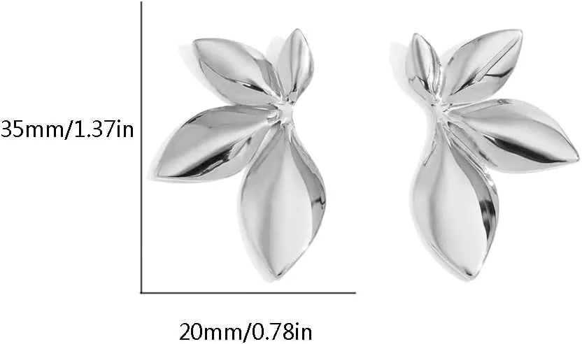 Asymmetric Leaf Flower Chunky Big Stud Earrings for Women Dainty Minimalist Silver Gold Plated Flower Studs Short Dangle Drop Hypoallergenic Fashion Trendy Jewelry Birthday Gift Her