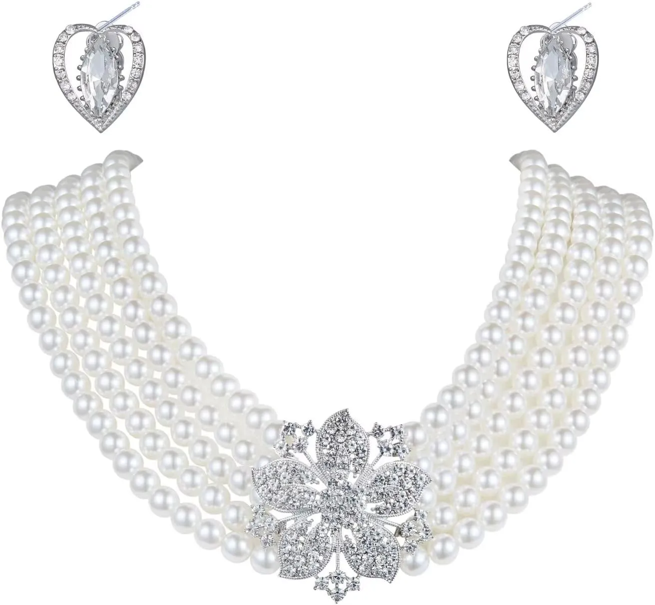 Audrey Hepburn Style Faux Pearl Necklace Set Strand Ear clip or Stud Pin on Earrings for selection Wedding Inspired by Breakfast at Tiffany's for Women LFFJ038