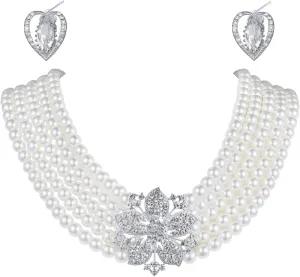 Audrey Hepburn Style Faux Pearl Necklace Set Strand Ear clip or Stud Pin on Earrings for selection Wedding Inspired by Breakfast at Tiffany's for Women LFFJ038
