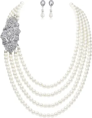 BABEYOND 1920s Gatsby Pearl Necklace Vintage Bridal Pearl Necklace Earrings Jewelry Set Multilayer Imitation Pearl Necklace with Brooch
