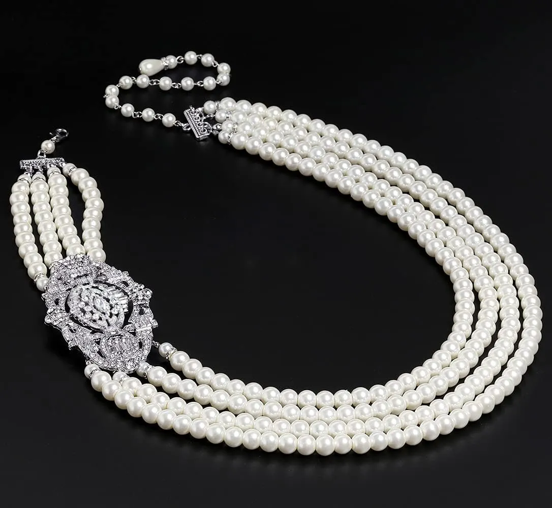 BABEYOND 1920s Gatsby Pearl Necklace Vintage Bridal Pearl Necklace Earrings Jewelry Set Multilayer Imitation Pearl Necklace with Brooch