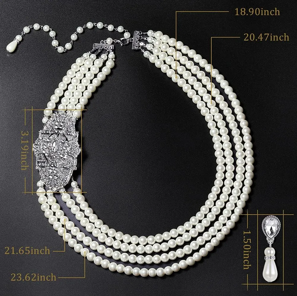 BABEYOND 1920s Gatsby Pearl Necklace Vintage Bridal Pearl Necklace Earrings Jewelry Set Multilayer Imitation Pearl Necklace with Brooch