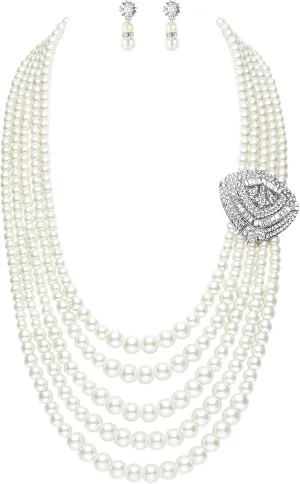BABEYOND 1920s Gatsby Pearl Necklace Vintage Bridal Pearl Necklace Earrings Jewelry Set Multilayer Imitation Pearl Necklace with Brooch
