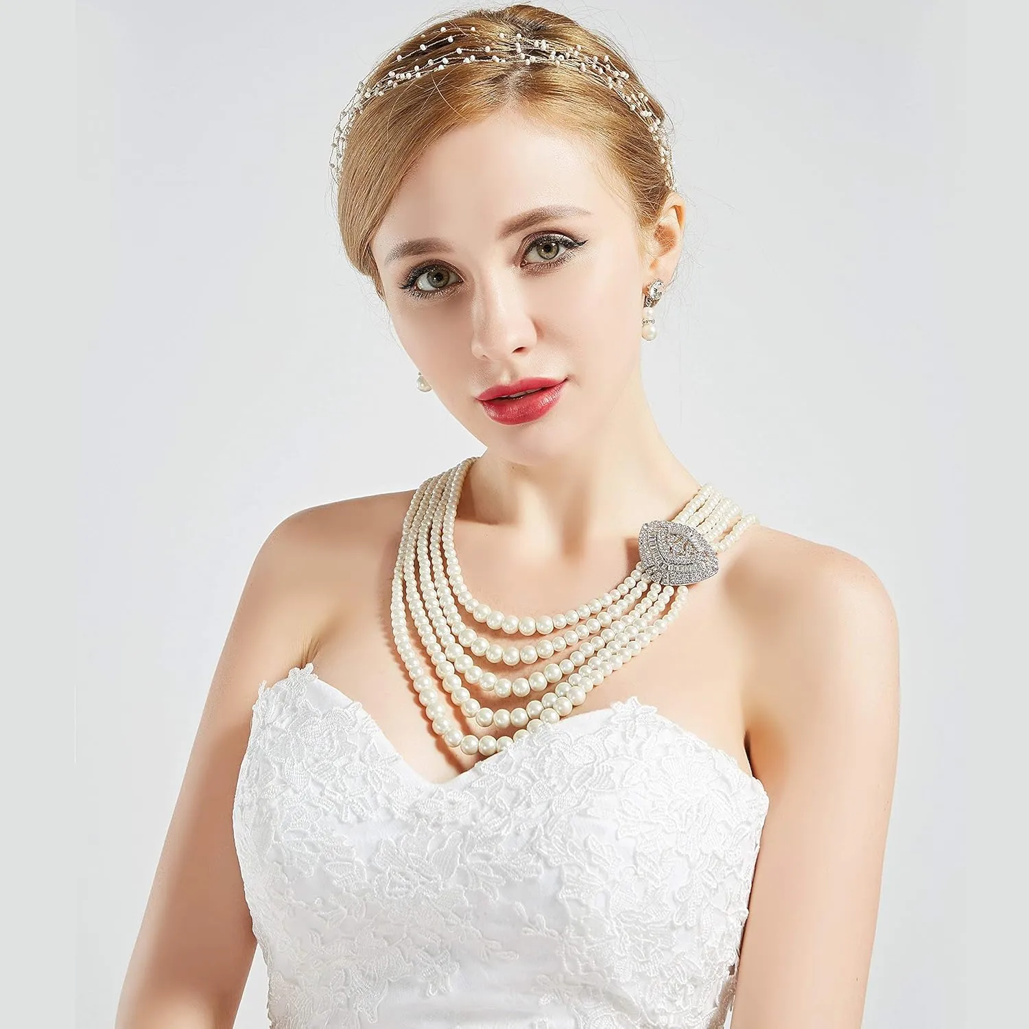 BABEYOND 1920s Gatsby Pearl Necklace Vintage Bridal Pearl Necklace Earrings Jewelry Set Multilayer Imitation Pearl Necklace with Brooch