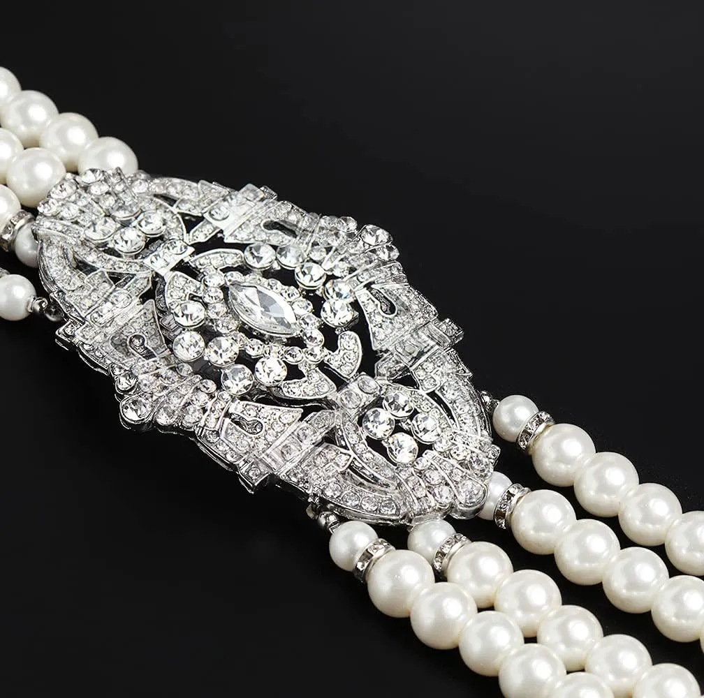 BABEYOND 1920s Gatsby Pearl Necklace Vintage Bridal Pearl Necklace Earrings Jewelry Set Multilayer Imitation Pearl Necklace with Brooch