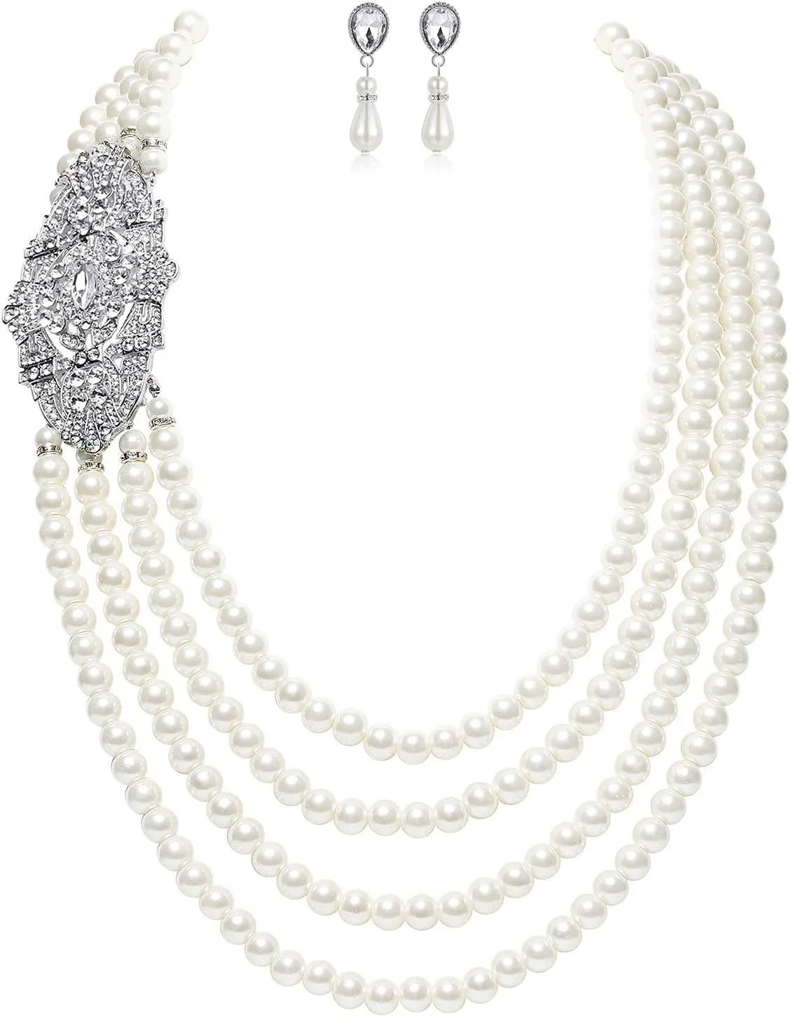 BABEYOND 1920s Gatsby Pearl Necklace Vintage Bridal Pearl Necklace Earrings Jewelry Set Multilayer Imitation Pearl Necklace with Brooch