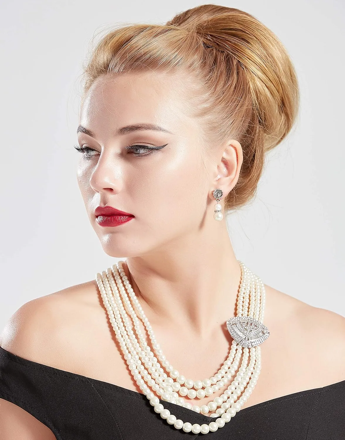 BABEYOND 1920s Gatsby Pearl Necklace Vintage Bridal Pearl Necklace Earrings Jewelry Set Multilayer Imitation Pearl Necklace with Brooch