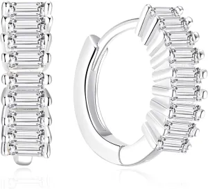 Baguette CZ Hoop Earrings | Sterling Silver Small Gold Hoops 10mm | Everyday Minimalist Earlobe or Cartilage Second Hole Earrings