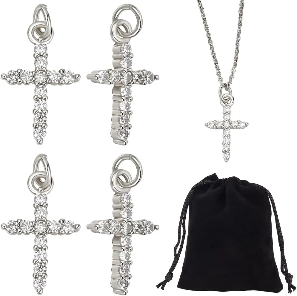 Beebeecraft 1 Box 4Pcs Cubic Zirconia Cross Necklace Platinum Plated Brass Cross Chain Necklace with Velvet Pouches Birthday Gifts for Women Men