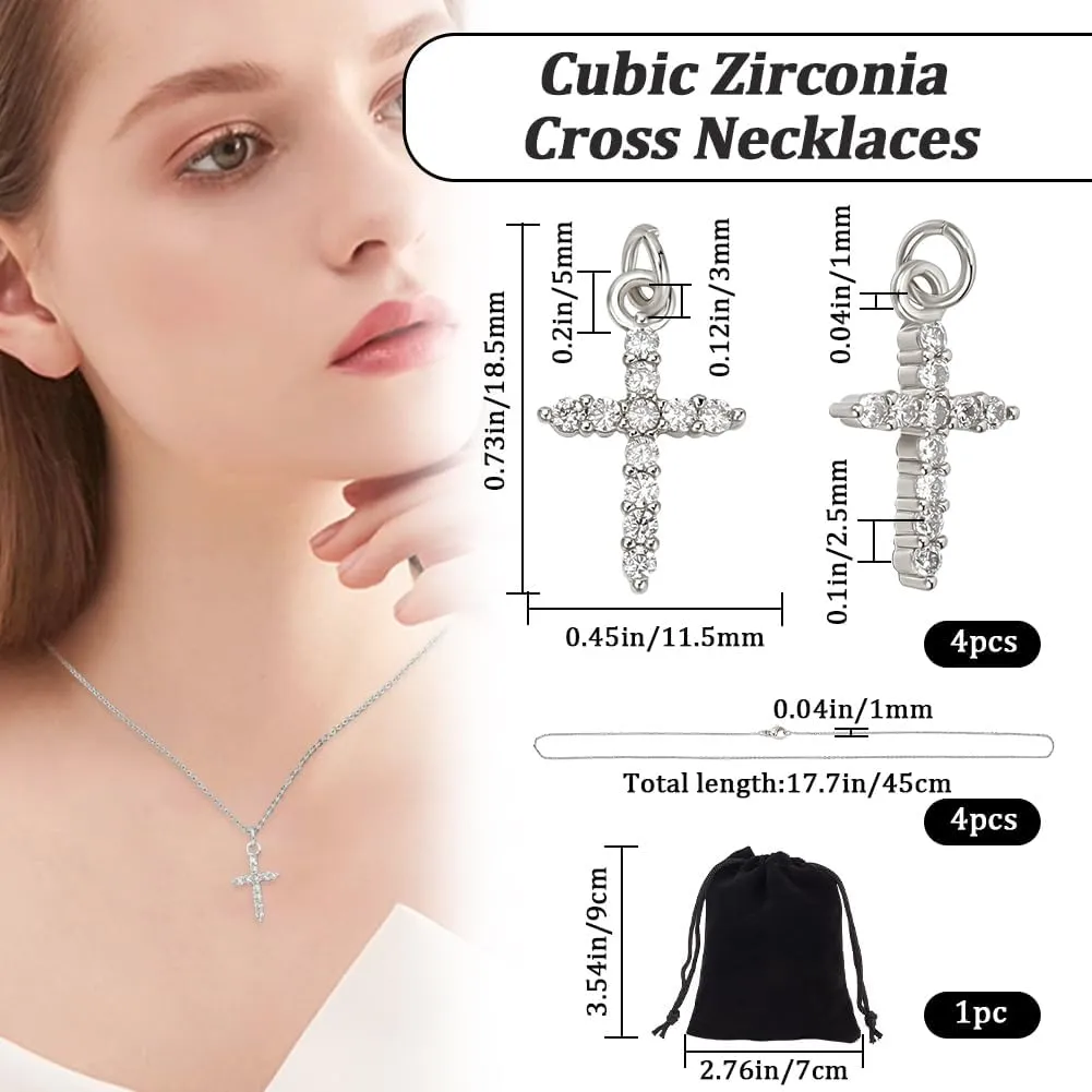 Beebeecraft 1 Box 4Pcs Cubic Zirconia Cross Necklace Platinum Plated Brass Cross Chain Necklace with Velvet Pouches Birthday Gifts for Women Men
