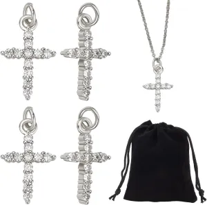 Beebeecraft 1 Box 4Pcs Cubic Zirconia Cross Necklace Platinum Plated Brass Cross Chain Necklace with Velvet Pouches Birthday Gifts for Women Men