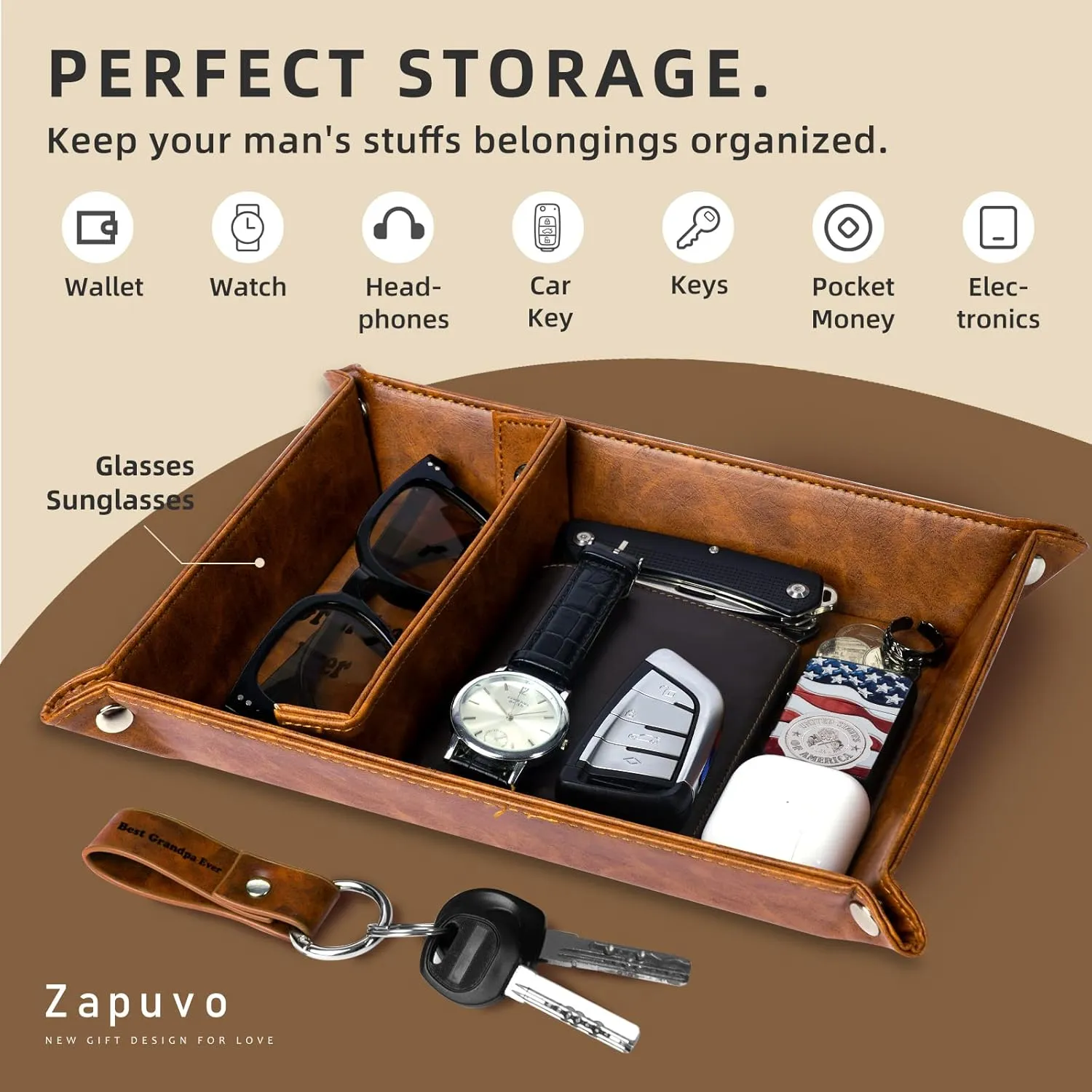 Best Grandpa Ever PU Leather Tray and Keychain, Unique Grandpa Gifts for Christmas Xmas from Grandchildren, Sentimental Gifts for Birthday for Grandpa from Granddaughter Grandson Fathers Day
