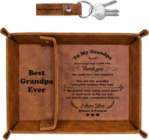 Best Grandpa Ever PU Leather Tray and Keychain, Unique Grandpa Gifts for Christmas Xmas from Grandchildren, Sentimental Gifts for Birthday for Grandpa from Granddaughter Grandson Fathers Day
