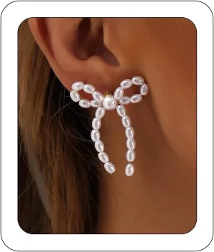 Bethynas Pearl Bow Earrings for Women Gold Silver Plated Bow-Knot Stud Earrings Pearl Ribbon Drop Bridal Wedding Earrings Jewelry