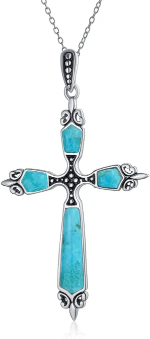 Bling Jewelry Religious Vintage Style Faith Hope Love CZ Accent Black Onyx Gemstone Created Blue Opal Cross Pendant Necklace For Women Teen .925 Sterling Silver October Birthstone