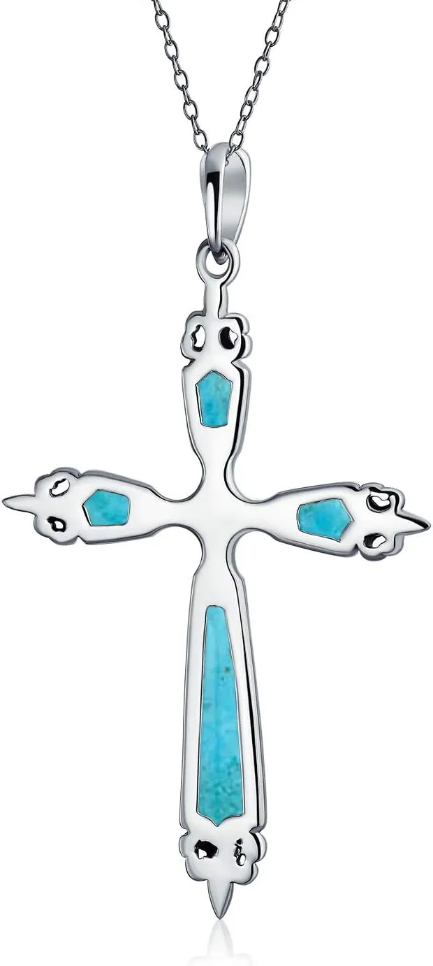 Bling Jewelry Religious Vintage Style Faith Hope Love CZ Accent Black Onyx Gemstone Created Blue Opal Cross Pendant Necklace For Women Teen .925 Sterling Silver October Birthstone
