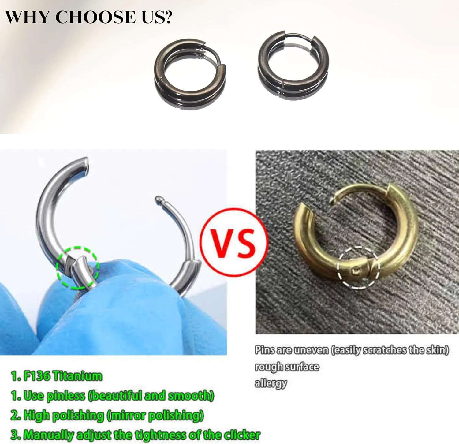 BLISI G23 Titanium Hoop Earrings, Hinged Huggie Hoop Earrings for Lobe Cartilage 8mm/10mm/12mm Hypoallergenic Lightweight Huggie Hoops Earring with 14K Gold Plated Earrings for Women Men Girls