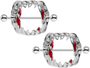 Body Candy Stainless Steel Barbell Dripping Red Vampire Fangs Nipple Shield Set of 2 14 Gauge 1 1/8"