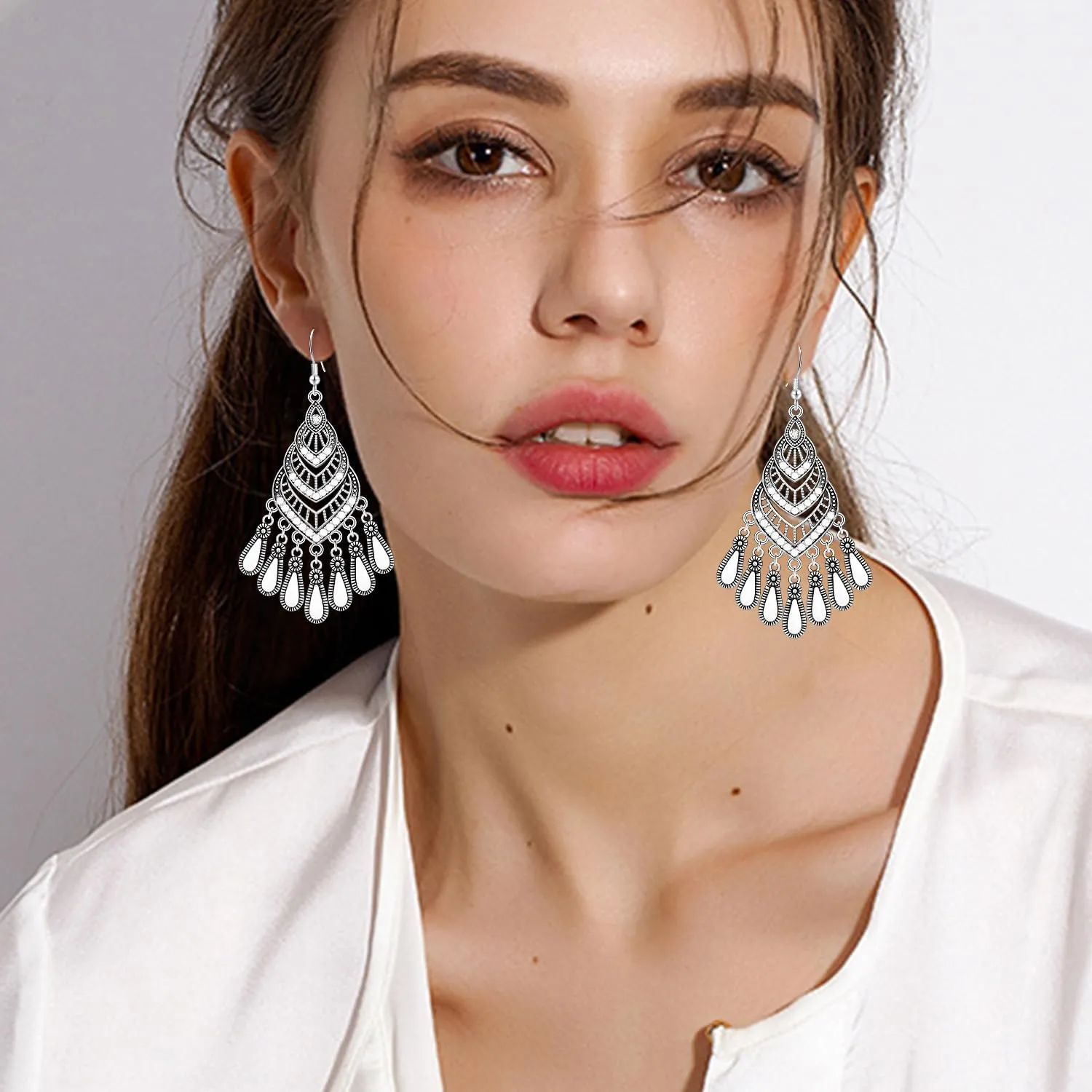 Bohemian Vintage Sliver Hollow Chandelier Enamel Fringe Lightweight Dangle Drop Earrings Dainty Teardrop Crystal Hook Earrings For Women Jewelry Gifts