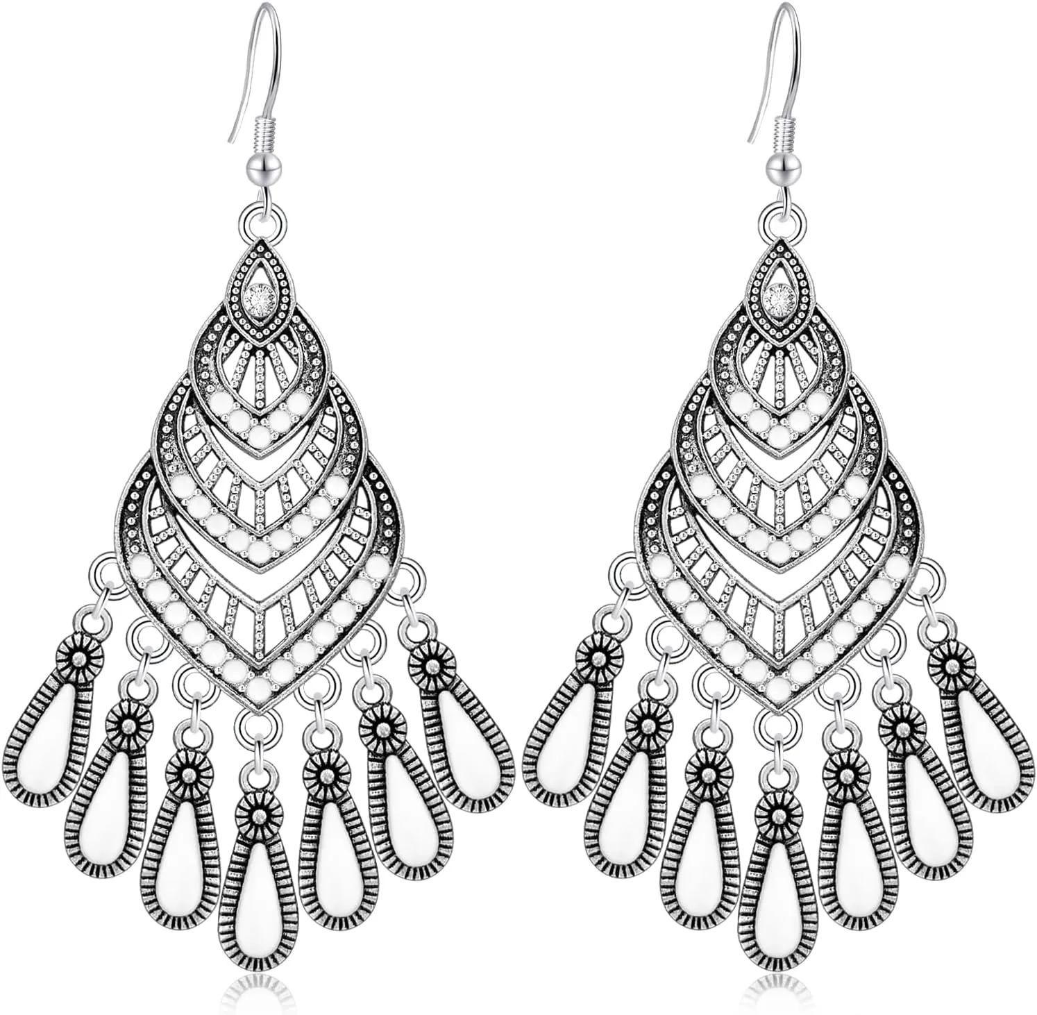 Bohemian Vintage Sliver Hollow Chandelier Enamel Fringe Lightweight Dangle Drop Earrings Dainty Teardrop Crystal Hook Earrings For Women Jewelry Gifts