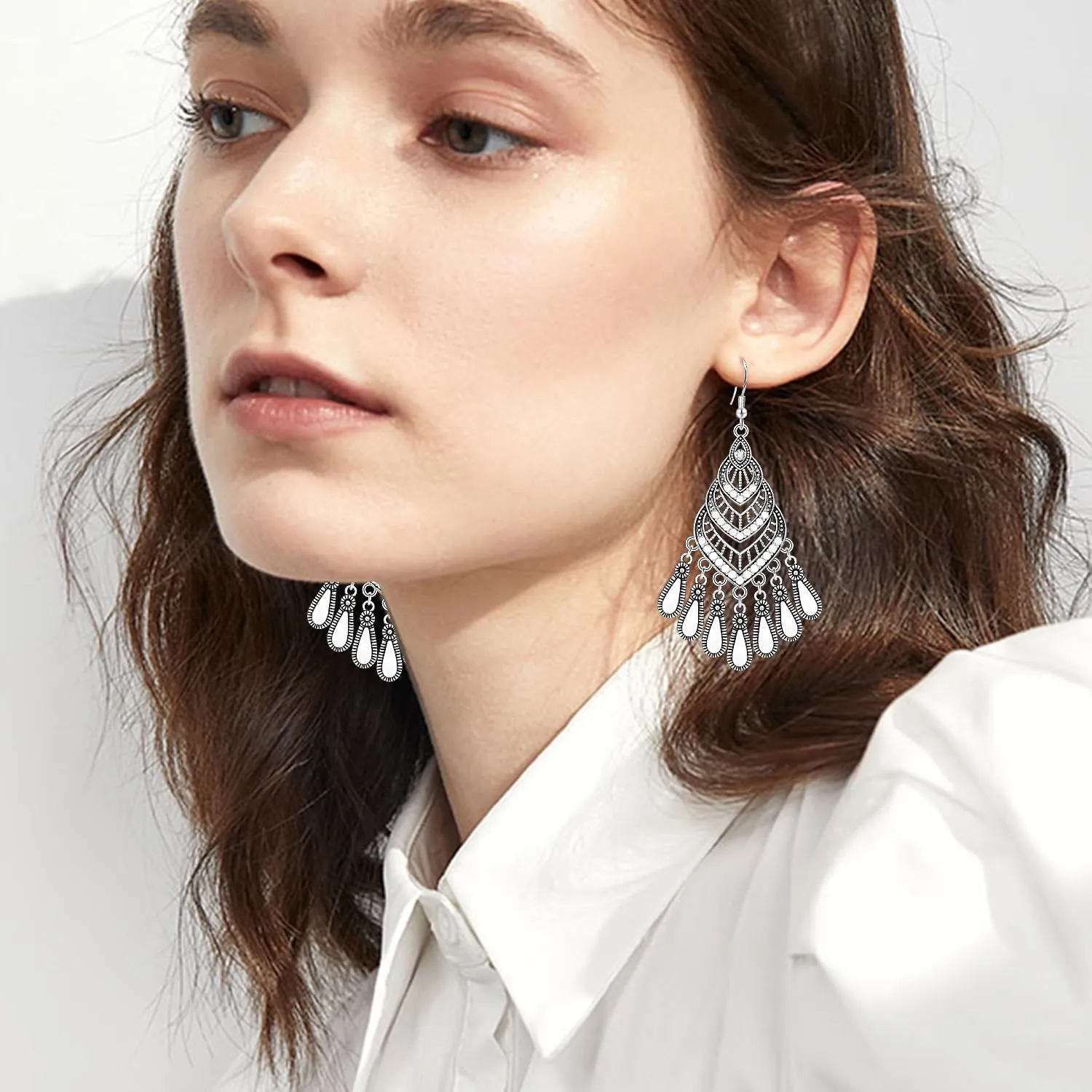 Bohemian Vintage Sliver Hollow Chandelier Enamel Fringe Lightweight Dangle Drop Earrings Dainty Teardrop Crystal Hook Earrings For Women Jewelry Gifts