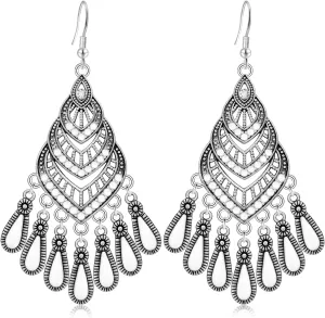 Bohemian Vintage Sliver Hollow Chandelier Enamel Fringe Lightweight Dangle Drop Earrings Dainty Teardrop Crystal Hook Earrings For Women Jewelry Gifts