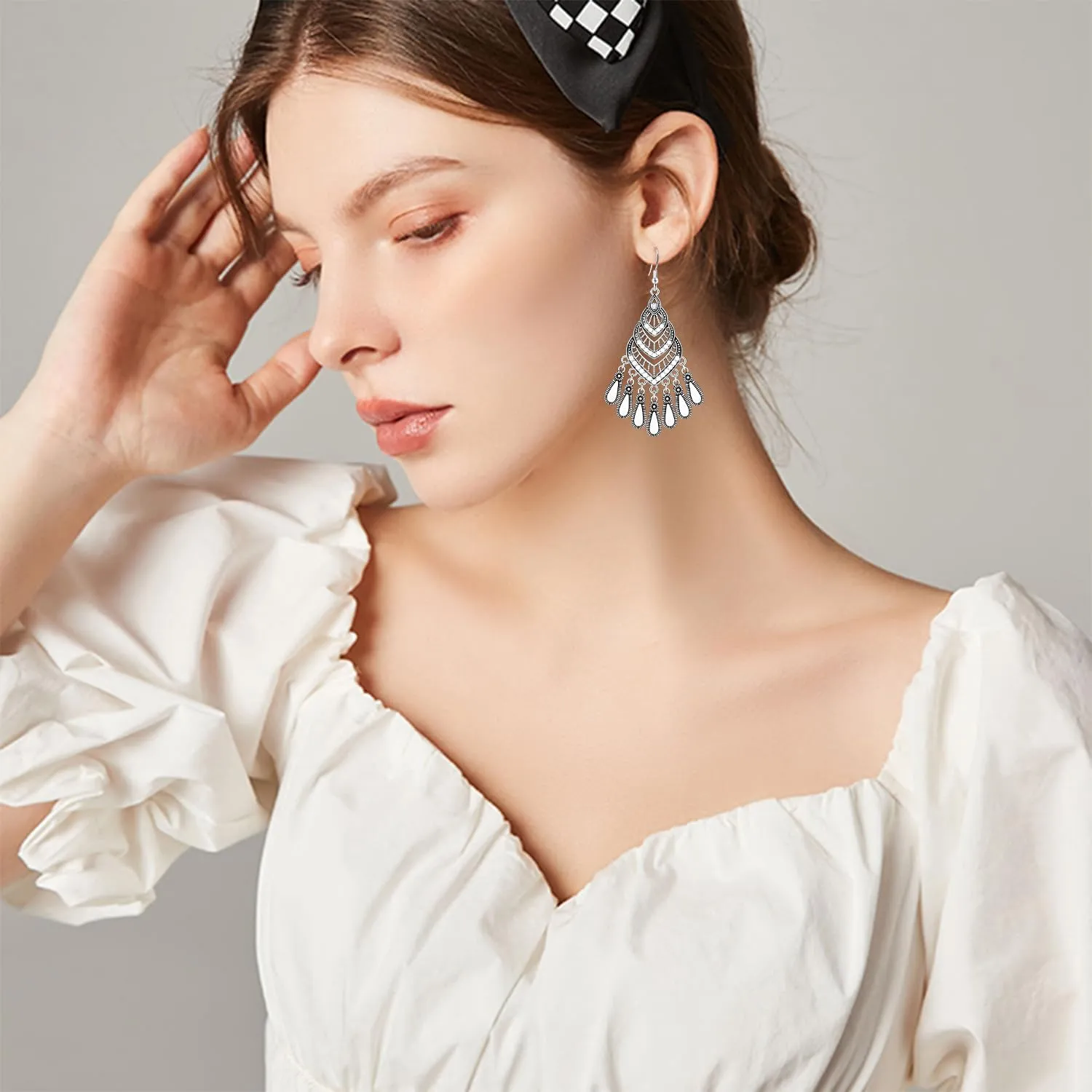 Bohemian Vintage Sliver Hollow Chandelier Enamel Fringe Lightweight Dangle Drop Earrings Dainty Teardrop Crystal Hook Earrings For Women Jewelry Gifts