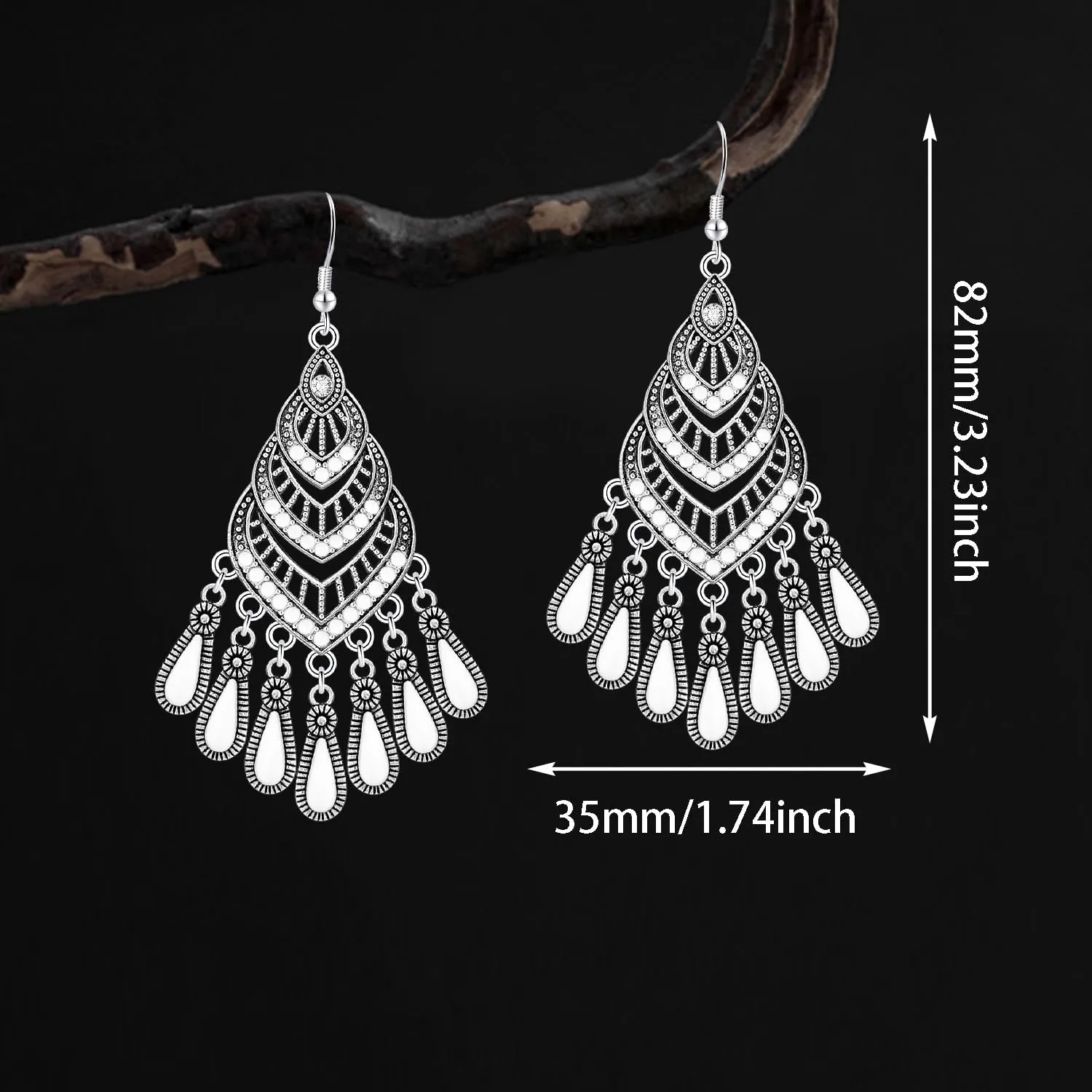 Bohemian Vintage Sliver Hollow Chandelier Enamel Fringe Lightweight Dangle Drop Earrings Dainty Teardrop Crystal Hook Earrings For Women Jewelry Gifts