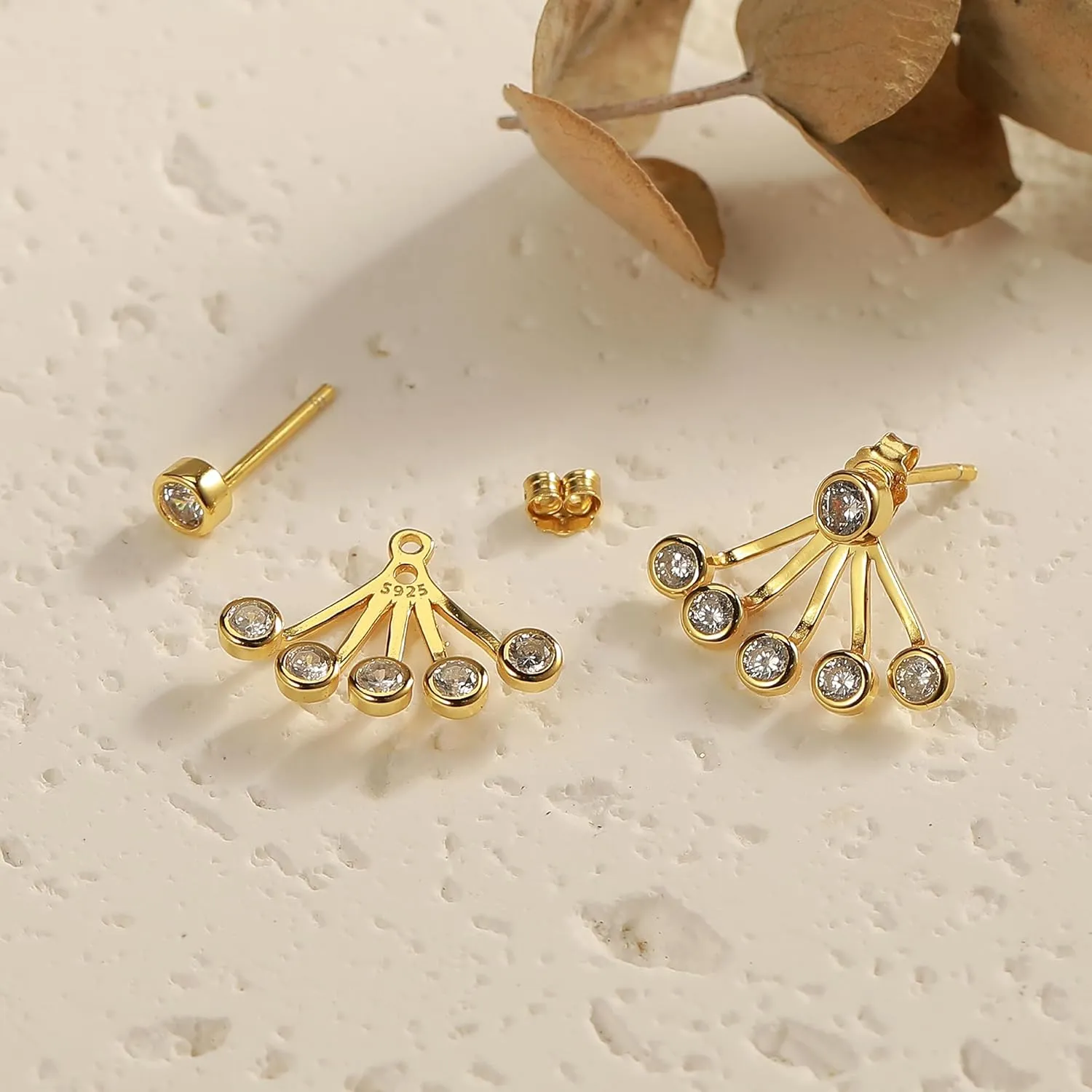 Boho CZ Ear Jacket Earrings for Women 14K Gold Plated Sterling Silver Bling Shiny Flower CZ Dangle Earring Front Back Tassel Drop Stud Earring Wedding Christmas Jewelry Gift
