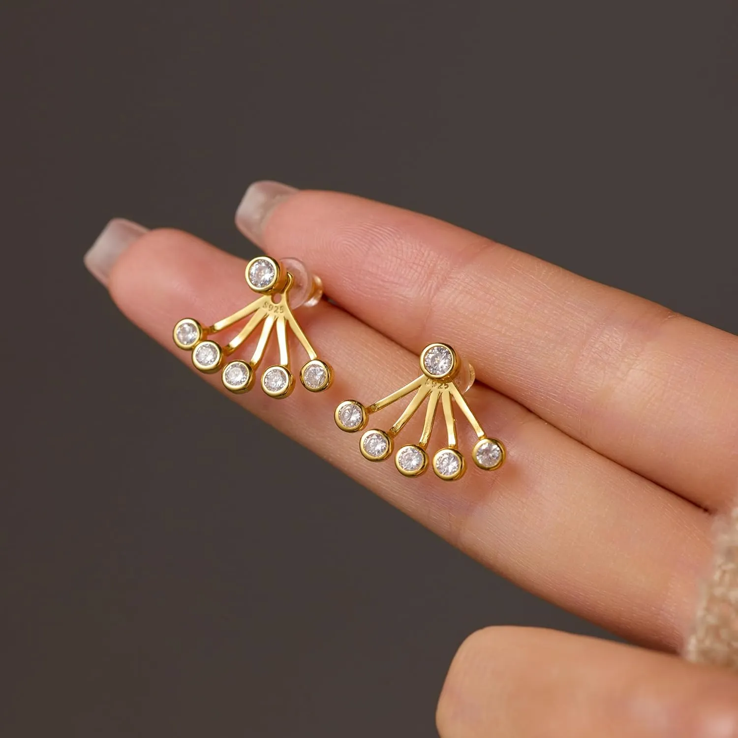 Boho CZ Ear Jacket Earrings for Women 14K Gold Plated Sterling Silver Bling Shiny Flower CZ Dangle Earring Front Back Tassel Drop Stud Earring Wedding Christmas Jewelry Gift