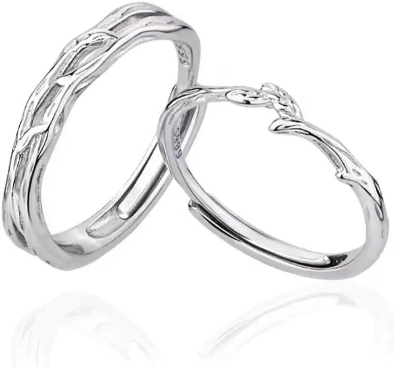Branch Promise Matching Couple Rings for Him and Her Set Silver Plated Adjustable Love Engagement Finger Ring Statement Jewelry Gifts
