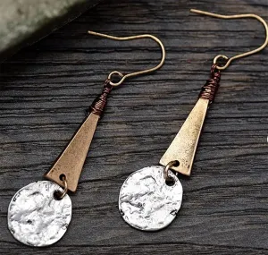 Brass Earrings for Women Boho Geometric Small Circle Dangling Earrings Thin Vintage Brass Earrings Minimalist Style Lightweight Earrings (Brass Vintage Silver)