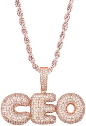 Bubble Letters Name Necklace Iced Out Name Necklace Pendant DIY Necklace with 24 Inch Rope Chain Personalized Name Hip Hop Necklaces For Women Men Gift Jewelry (4 Letter, Style B-Rose Gold)