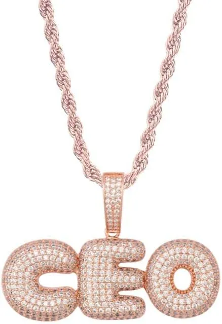Bubble Letters Name Necklace Iced Out Name Necklace Pendant DIY Necklace with 24 Inch Rope Chain Personalized Name Hip Hop Necklaces For Women Men Gift Jewelry (4 Letter, Style B-Rose Gold)