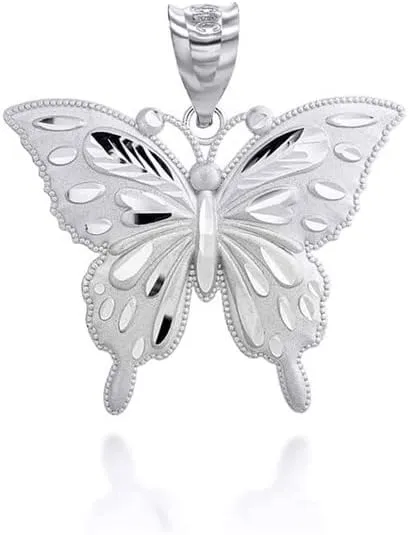 Captivating .925 Sterling Silver Diamond Cut Style Butterfly 1.29" Animal Charm Pendant Necklace - Choose Pendant Only or Necklace w/ 16-22 Chain