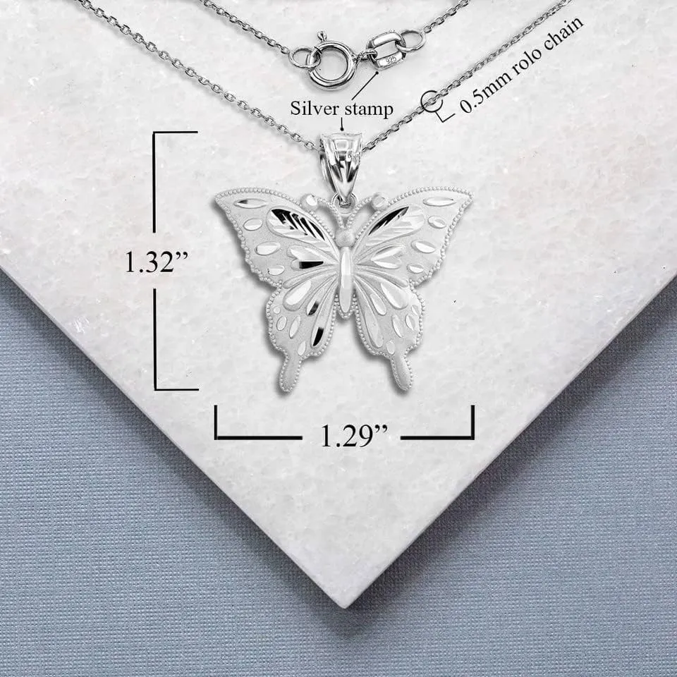 Captivating .925 Sterling Silver Diamond Cut Style Butterfly 1.29" Animal Charm Pendant Necklace - Choose Pendant Only or Necklace w/ 16-22 Chain