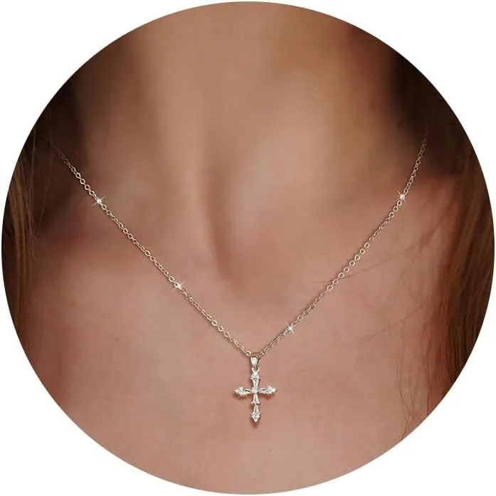 CAROVO Cross Necklace for Women Dainty 14K Silver/Gold Plated Cubic Zirconia Pendant Necklace Trendy Simple Gold Silver Cross Pendant Necklace for Women