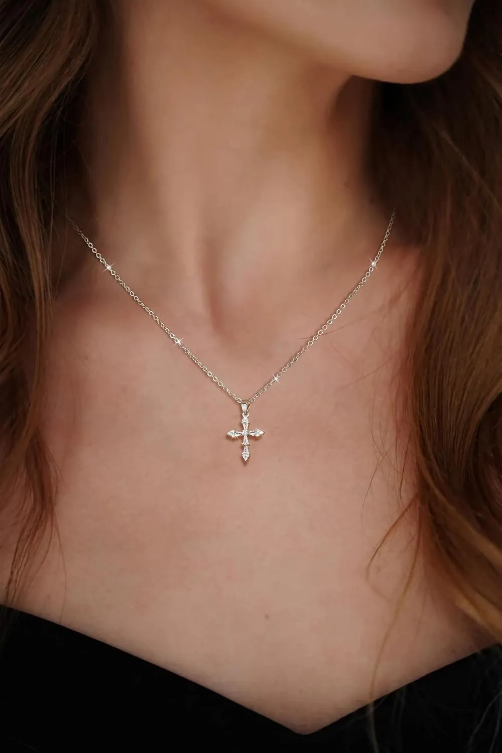 CAROVO Cross Necklace for Women Dainty 14K Silver/Gold Plated Cubic Zirconia Pendant Necklace Trendy Simple Gold Silver Cross Pendant Necklace for Women