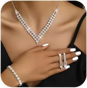Chargances Bridal Wedding Crystal Jewelry Set Silver Rhinestone Necklace Earrings Bracelet Sets Statement Costume Jewelry for Women and Brides