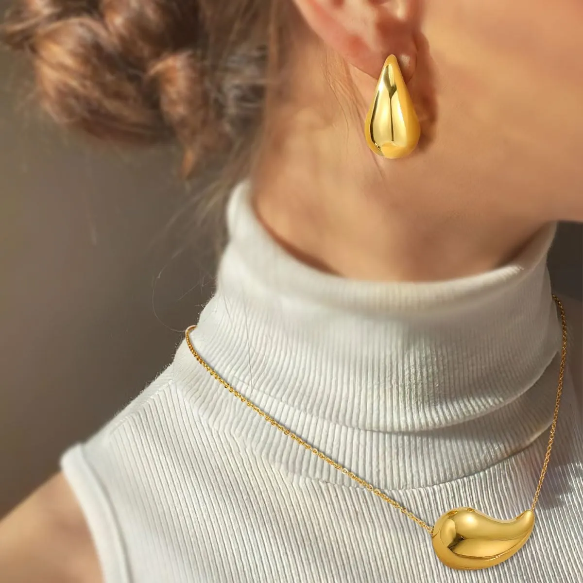Chunky Drop Earrings & Waterdrop Necklace Jewelry Set, Lightweight Teardrop Dainty Stud Earrings & Pendant Necklace Set for Women & Girls
