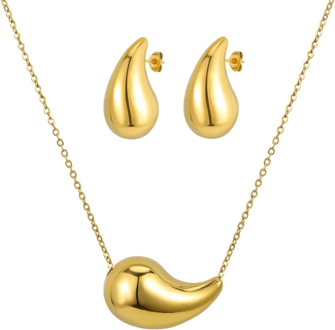 Chunky Drop Earrings & Waterdrop Necklace Jewelry Set, Lightweight Teardrop Dainty Stud Earrings & Pendant Necklace Set for Women & Girls