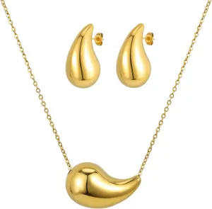 Chunky Drop Earrings & Waterdrop Necklace Jewelry Set, Lightweight Teardrop Dainty Stud Earrings & Pendant Necklace Set for Women & Girls