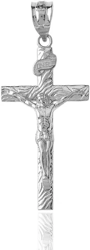 Claddagh Gold Solid 925 Sterling Silver Wood Textured Crucifix Cross Pendant (1.40")