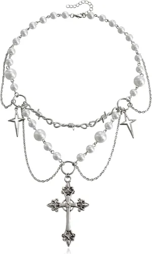 Clataly Crystal Cross Pearl Necklace Gothic Choker Crucifix Pendant Necklace Silver Beaded Jewelry for Women