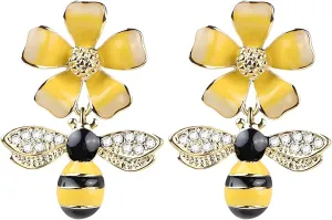 coadipress Gold Plated Flower Bee Stud Earrings for Women Crystal CZ Bee Daisy Flower Asymmetric Earrings Dainty Yellow Flower Bee Dangle Drop Earrings Cute Animal Bee Earrings