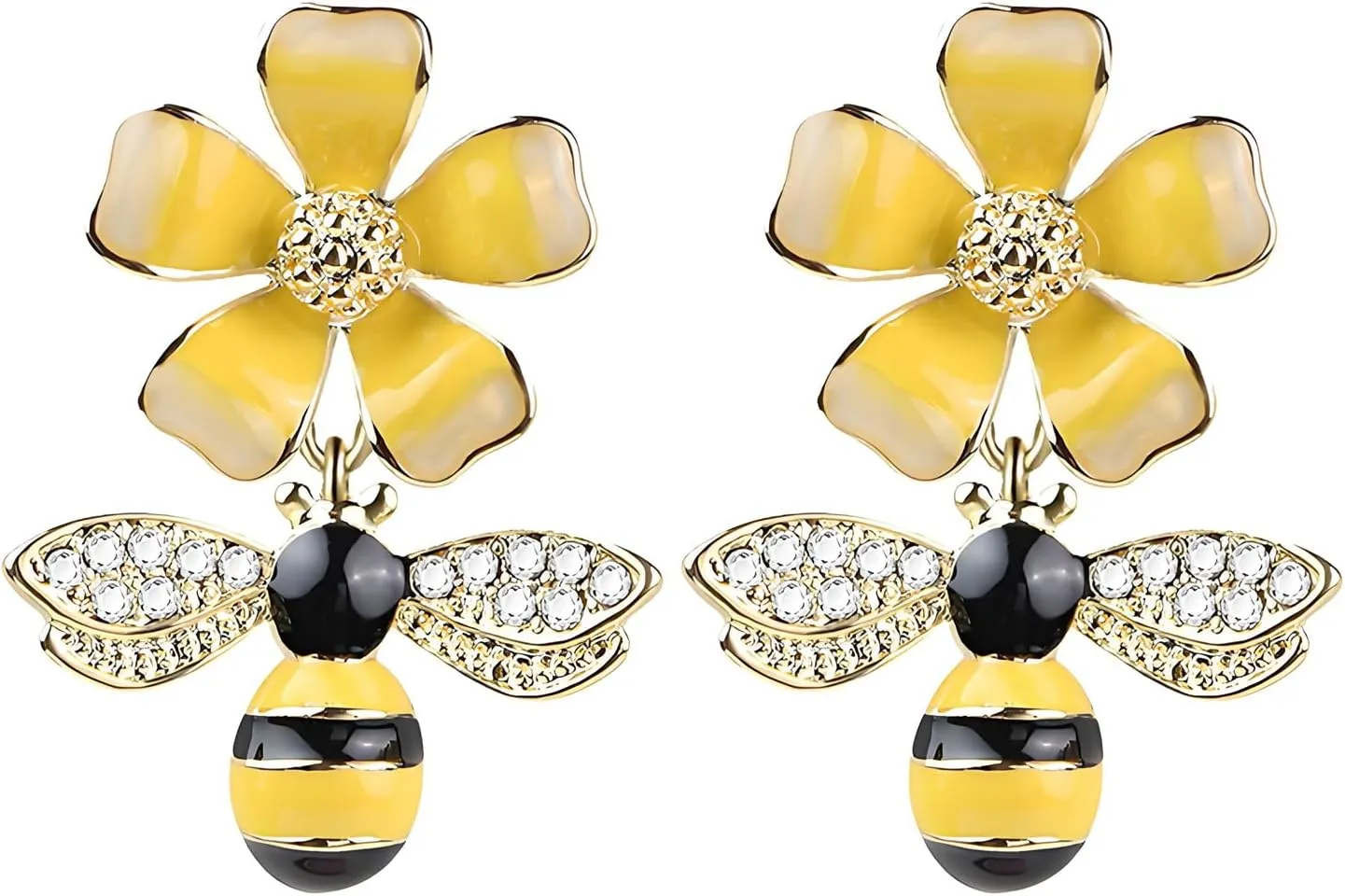 coadipress Gold Plated Flower Bee Stud Earrings for Women Crystal CZ Bee Daisy Flower Asymmetric Earrings Dainty Yellow Flower Bee Dangle Drop Earrings Cute Animal Bee Earrings
