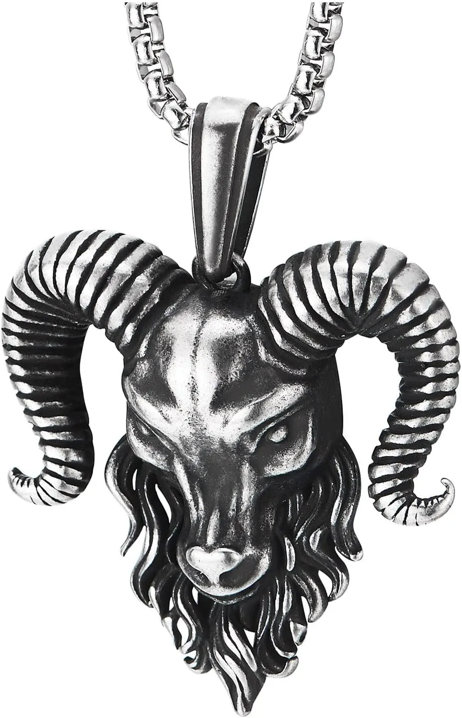 COOLSTEELANDBEYOND Mens Steel Goat Head Pendant Necklace, Vintage Big Horn Aries Ram Goat Head, 30 Inches Wheat Chain