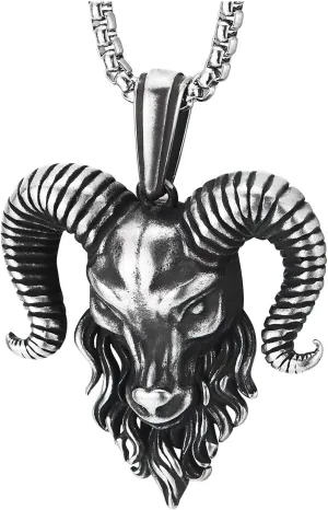 COOLSTEELANDBEYOND Mens Steel Goat Head Pendant Necklace, Vintage Big Horn Aries Ram Goat Head, 30 Inches Wheat Chain