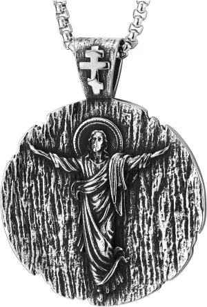 COOLSTEELANDBEYOND Textured Jesus Medallion Pendant Mens Vintage Steel Pendant Necklace, Religious Christian Jewelry