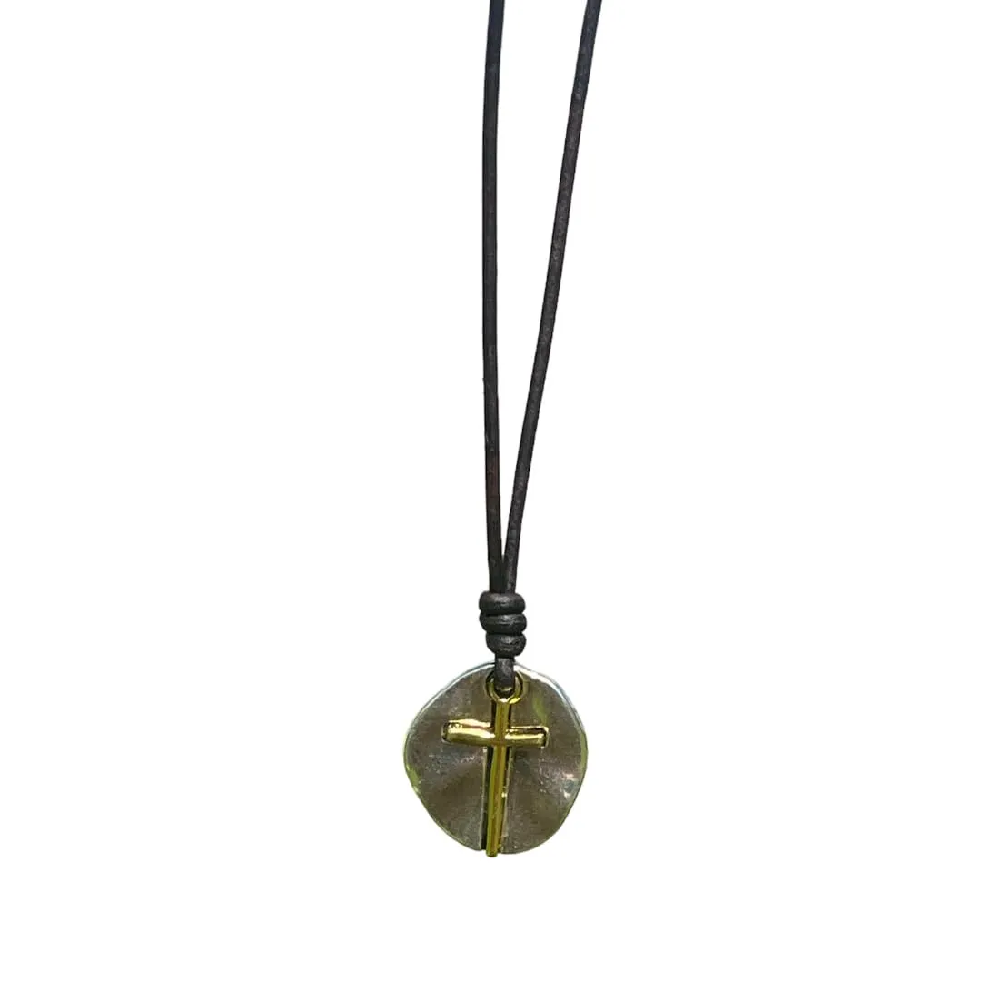 Copper Cross Coin Men Necklace - Plated Vintage Textured Medallion, Mens Round Circle Disk, Catholic Pendant, Antique Jewelry, Religious Charms, Hammered Crosses, Gift To Husband (Gold, Silver)